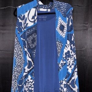 Susan Graver 2-Piece Blue Print Tank & Open Front Vest Set 1X